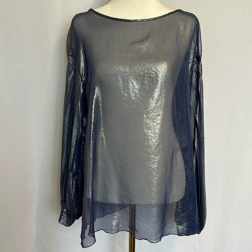 Siste‘s Italy Women's Blue Grey Sheer Blouse Size S Oversized Pleated Sleeve EUC